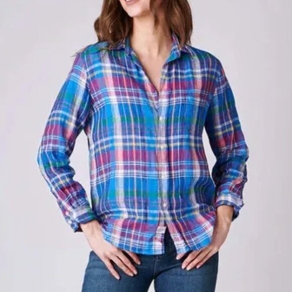 Frank & Eileen Women Pink Blue Plaid Long Sleeve Linen Barry Button Shirt Medium - Picture 10 of 11